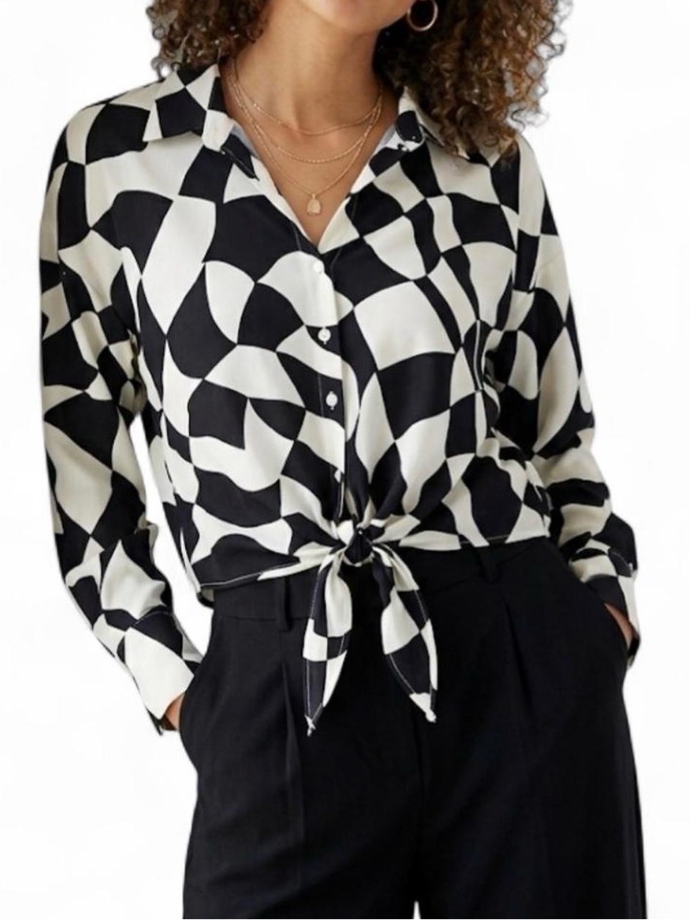 Lucy Paris Geometric Warp Print Tie-Front Blouse - Size M